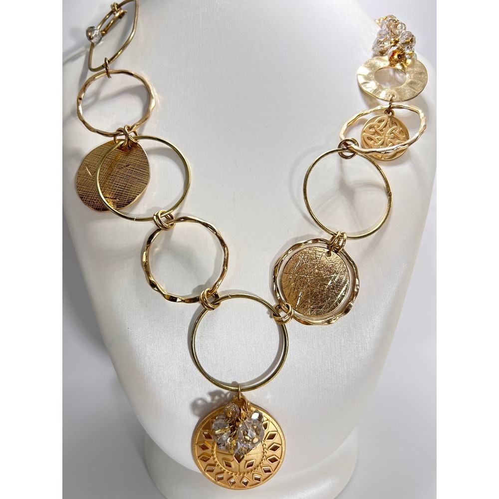 Chico's Necklace Women OS Gold Good Textured Ring Crystal Statement Medallion